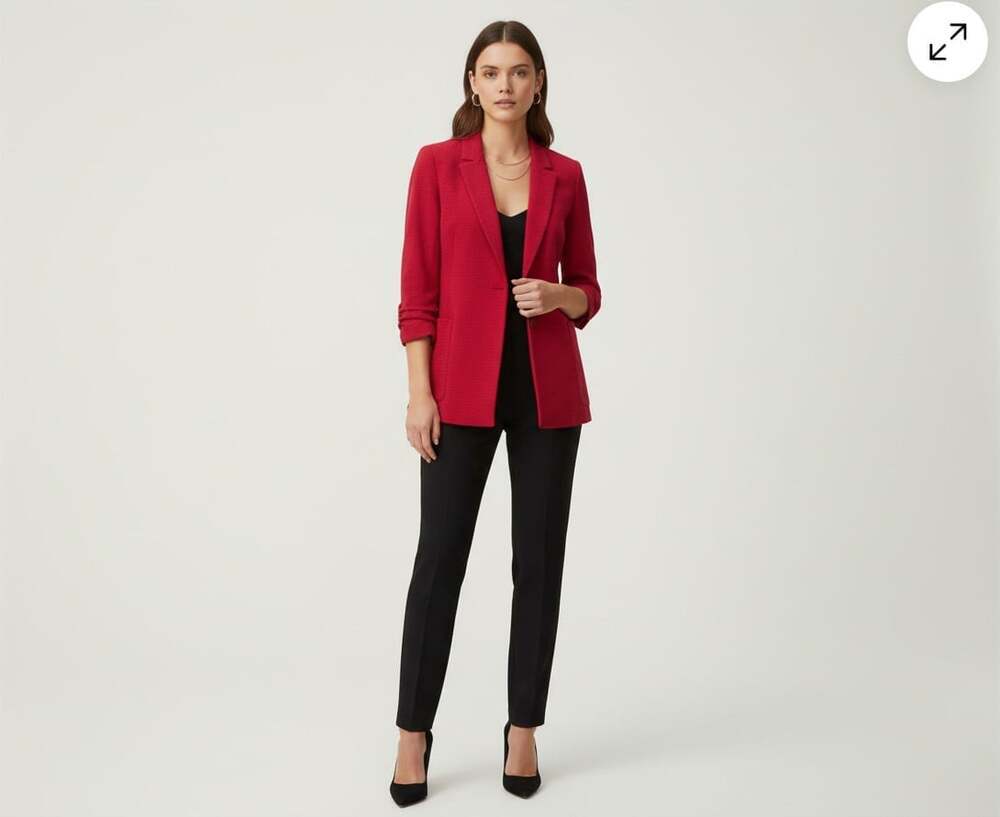 Zara Basic Red Open Front Blazer XS Ribbed 3/4 Sleeve Red Satin Lining